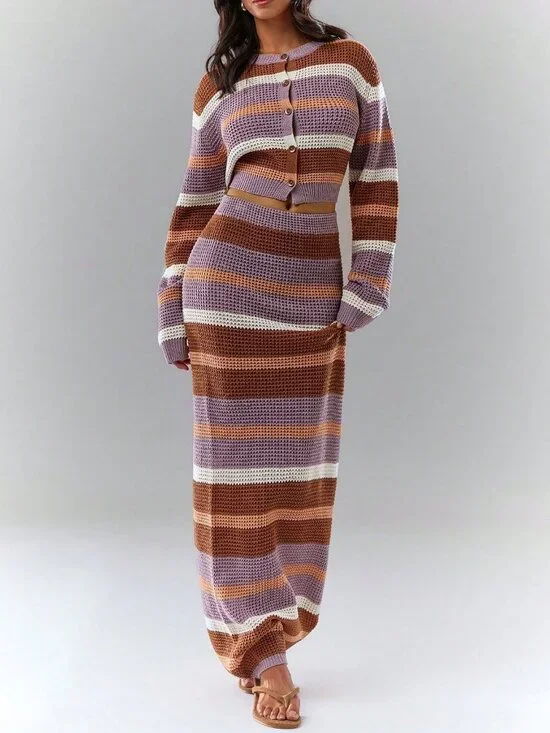 Casual Women's Striped Long Sleeve Knit Cardigan And Knit Skirt Set - Picture 5 of 7